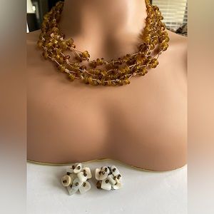 Vintage amber three strand necklace plus earrings